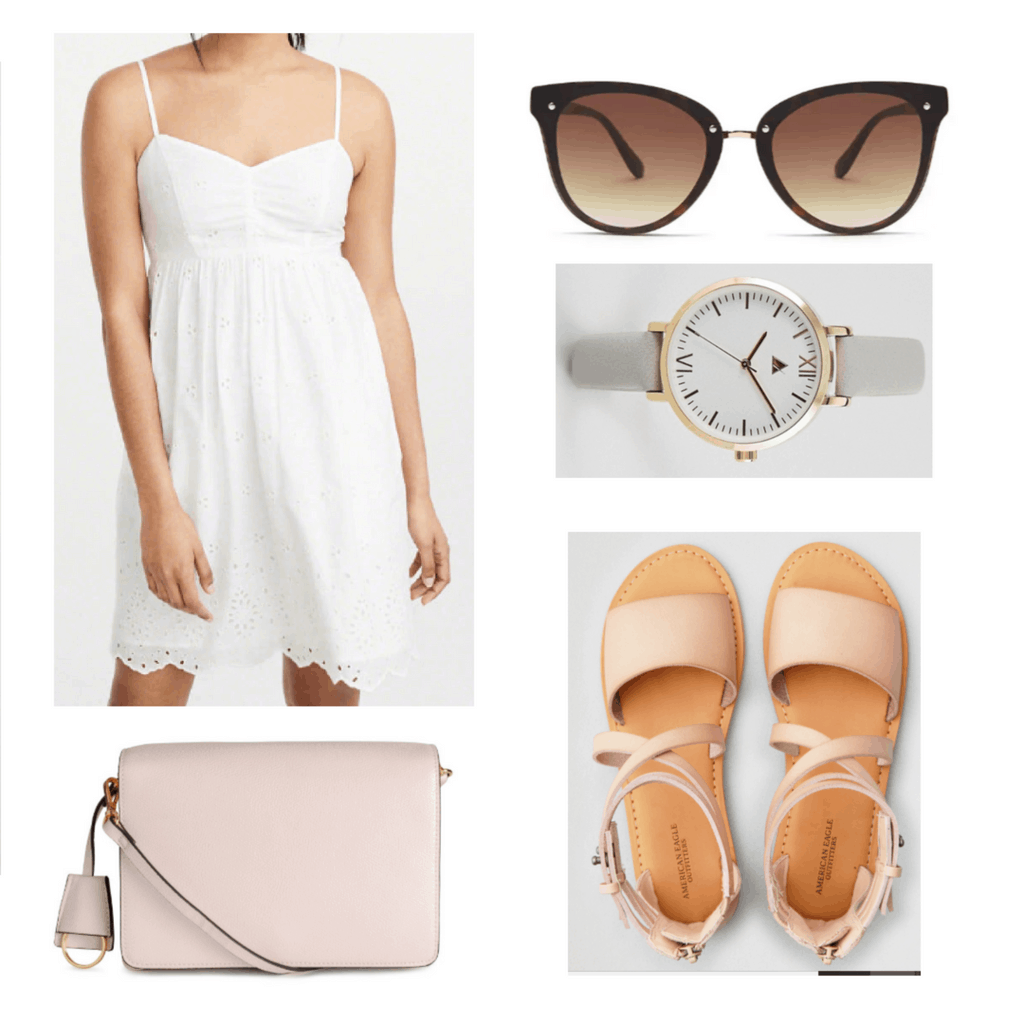 white dress, pink bag, cat eye sunglasses, grey watch, pink sandals