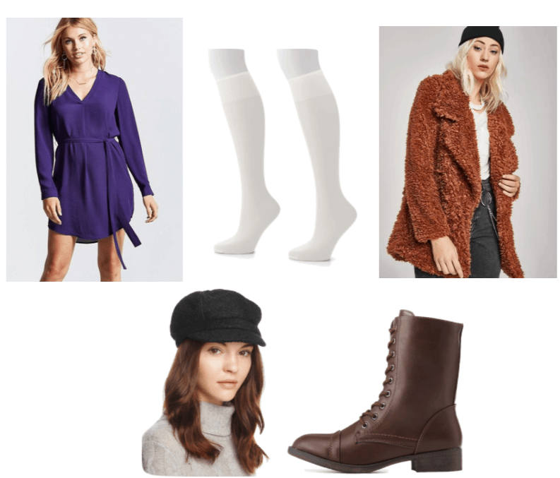 Putt-Putt Outfit Inspiration: Brown combat boots, purple chiffon self-tie dress, white sheer knee high socks, brown oversized fuzzy jacket, and a black newsboy cap.