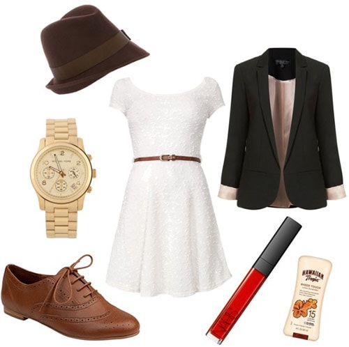 Outfit inspired by Queen Elizabeth 1: White lace dress, blazer, oxfords, hat, classic watch, lipstick