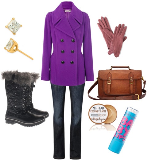 Outfit inspired by Queen Elizabeth 1: Purple coat, fur boots, jeans, diamond studs, gloves, satchel, lip balm