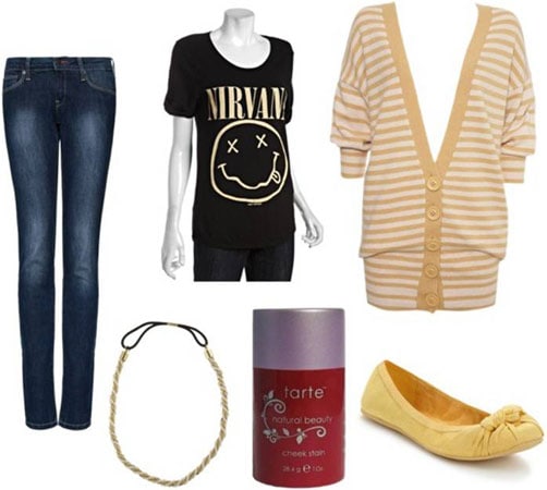 Quick & Easy Last-Minute Outfit 1: Striped cardigan, band tee shirt, basic dark wash jeans, colorful flats