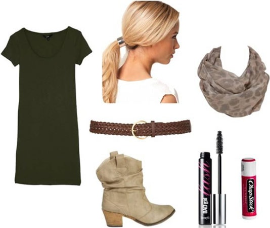 Quick & Easy Last-Minute Outfit 3: Tee shirt dress, boots, patterned scarf, ponytail, basic belt
