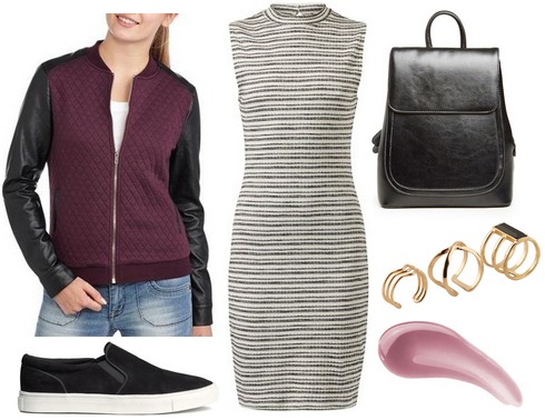 Quilted jacket, striped dress, slip on sneakers