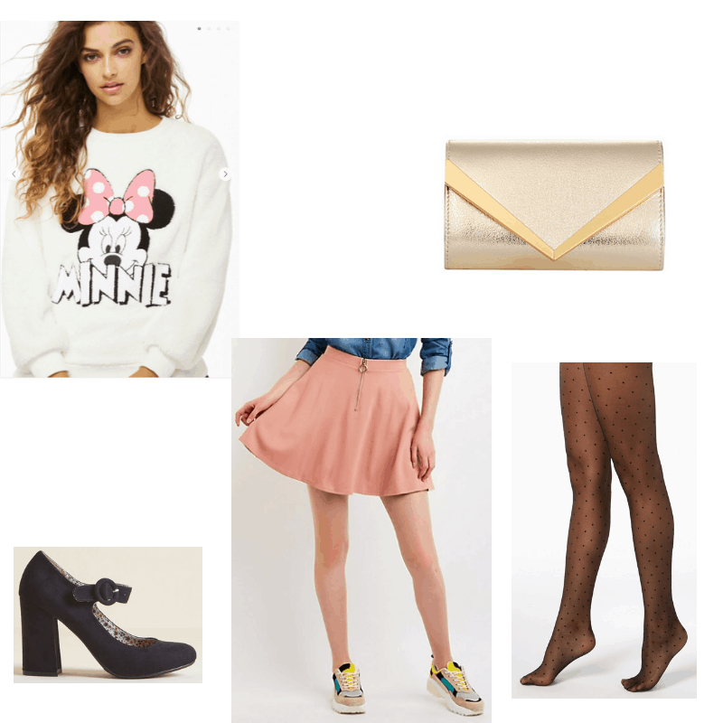 Outfit with faux fur Minnie Mouse sweatshirt, pink skater skirt, polka dot tights, envelope clutch, and block heel mary janes