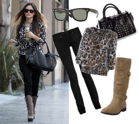 Outfit inspired by Rachel Bilson - Studded bag and printed top