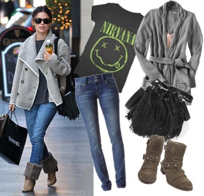 Outfit inspired by Rachel Bilson - Gray coat, jeans, and brown boots