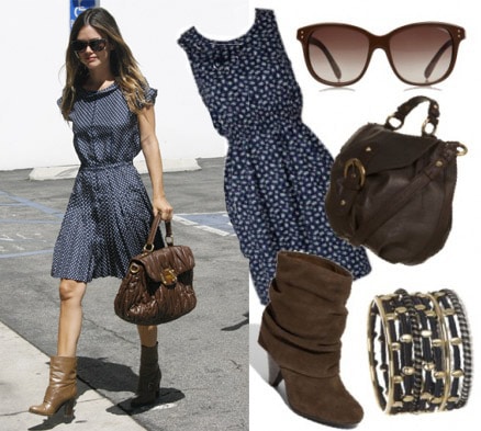 Outfit inspired by Rachel Bilson - Blue polka dot dress and high heeled brown boots