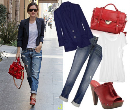 Outfit inspired by Rachel Bilson - Boyfriend jeans, red clogs, and a red bag