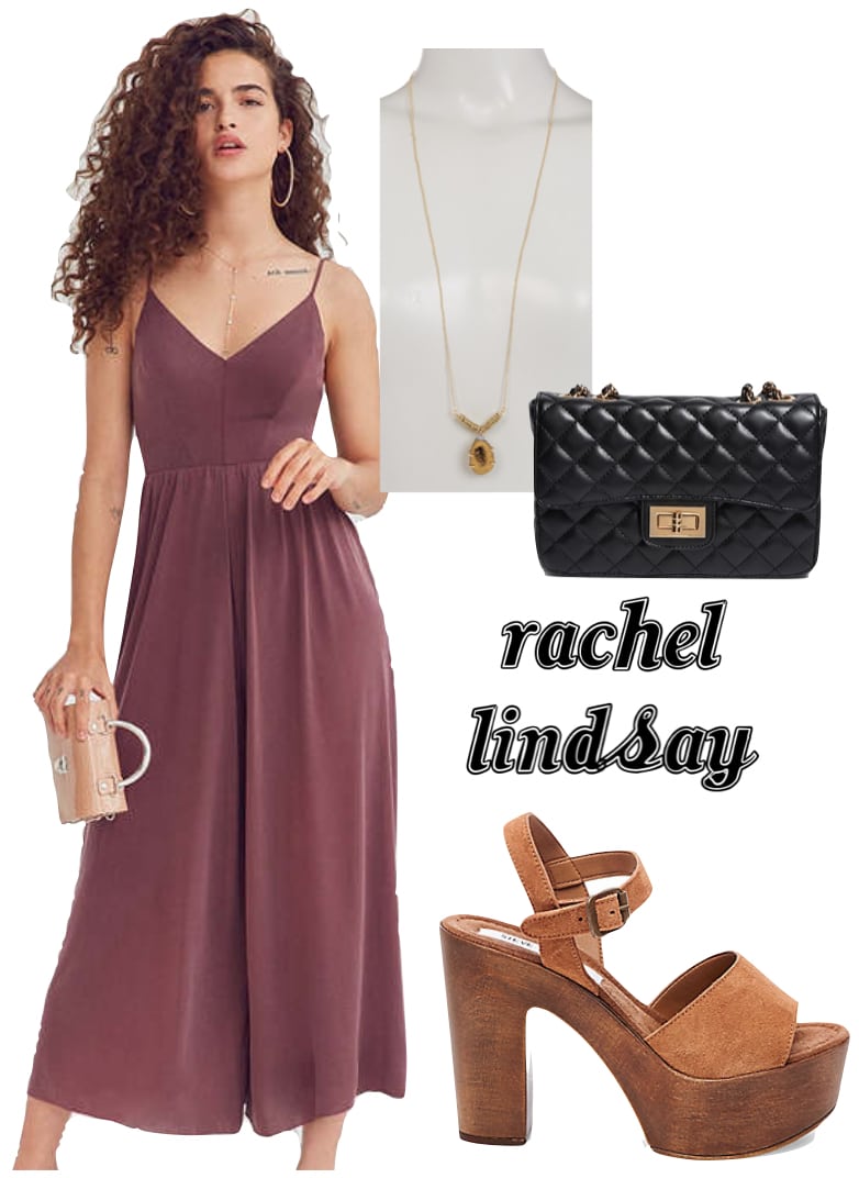 Rachel Lindsay Outfit: maroon jumpsuit, gold pendant necklace, black chain strap bag, brown platform wooden heel sandals