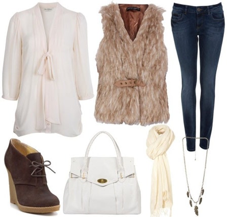Rachel Zoe fall 2011 outfit 1: Fur vest, blouse, skinny jeans, wedge booties