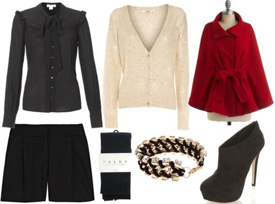 Rachel Zoe fall 2011 outfit 2: Black shorts, tights, blazer, cape coat, shiny cardigan