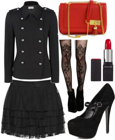 Rachel Zoe fall 2011 outfit 3: Military jacket, skirt, patterned tights, red statement bag