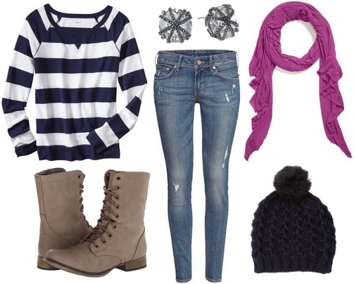 Radiant orchid scarf, navy stripe sweater, jeans, boots