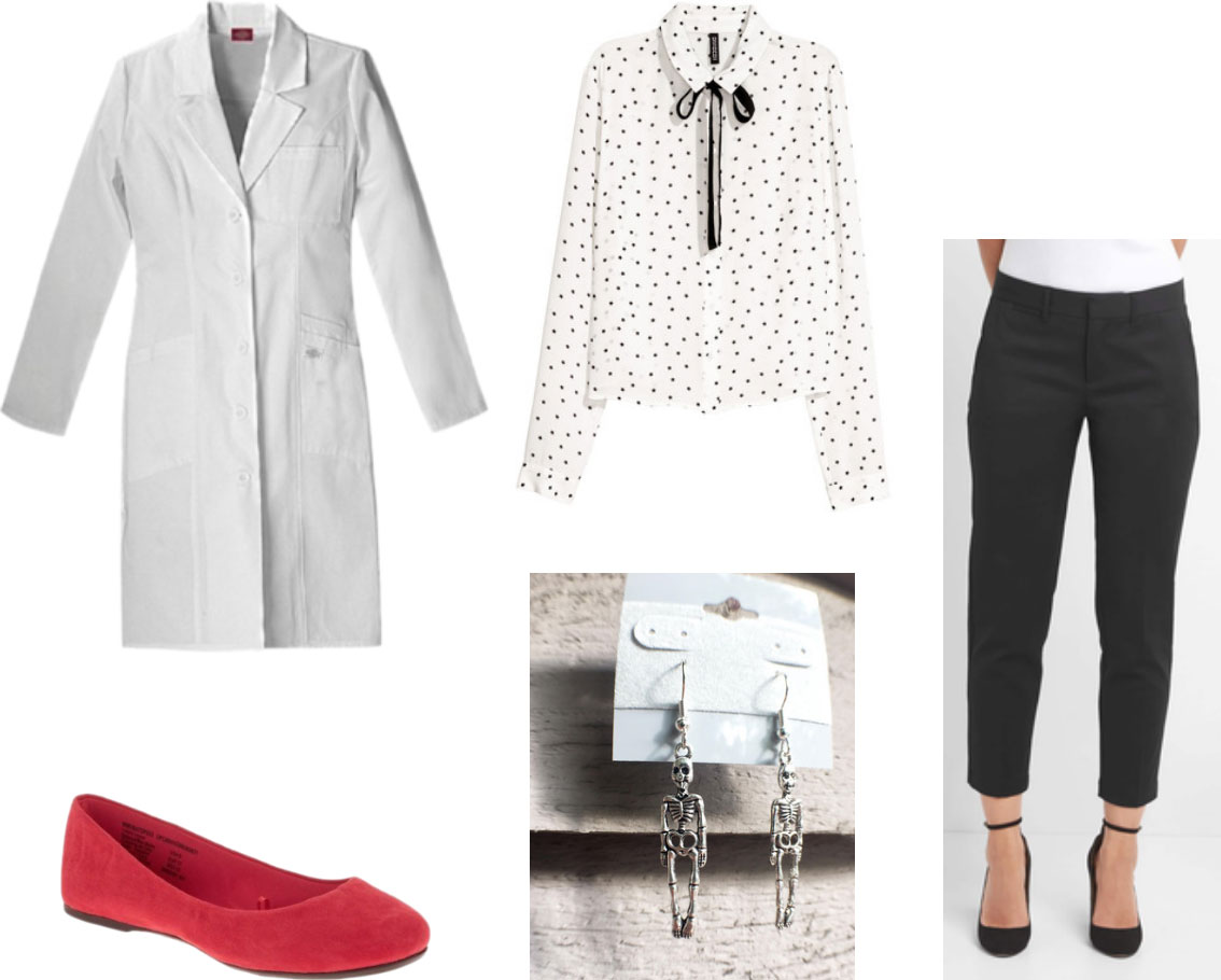 Radiology white coat outfit - polka dot blouse, nice black pants, red suede flats, skeleton earrings