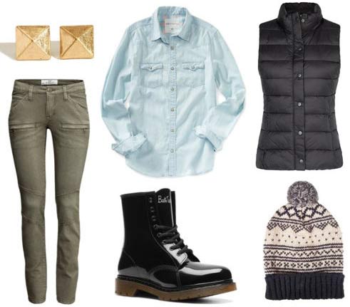 How to wear rain boots with a puffer vest, chambray shirt, hat, earrings