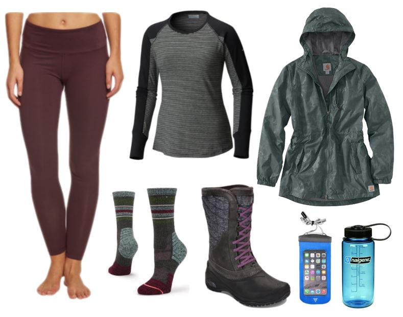 Hiking attire for rainy weather. Stay dry with a light-weight rain jacket, water-proof boots, and clothing made from wicking materials.