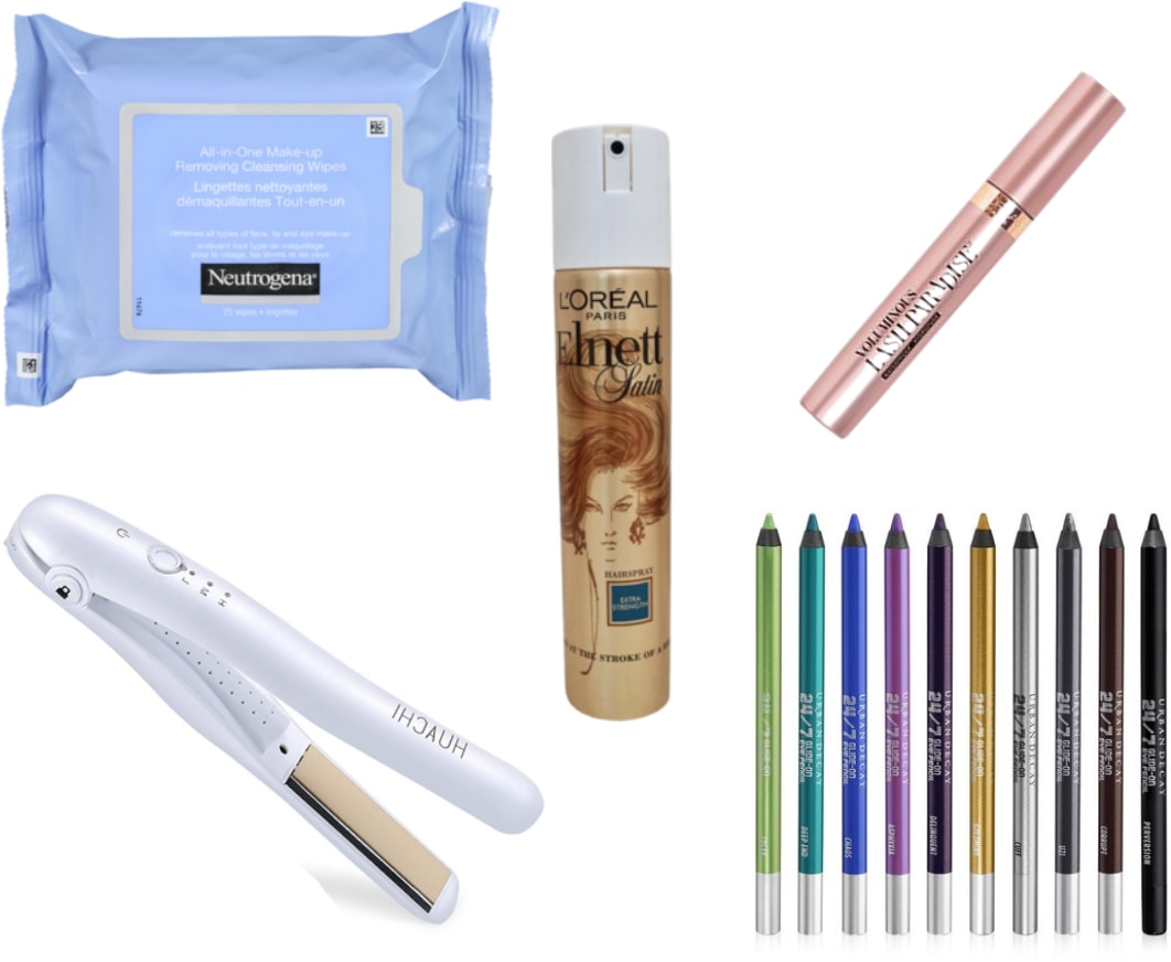 Rainy day beauty essentials: Makeup wipes, waterproof mascara, waterproof eyeliner, anti frizz hairspray, mini flat iron