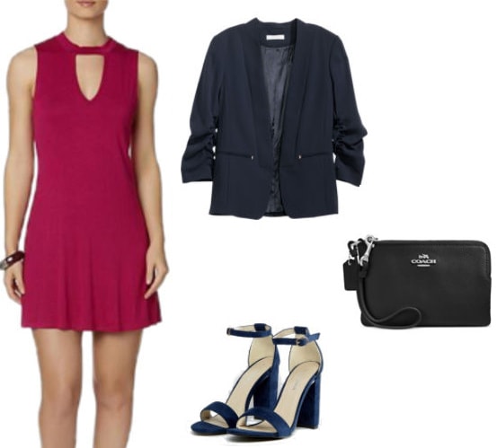 How to style a raspberry pink skater dress: Skater dress outfit idea with a navy blazer, navy single strap heels, and a black Coach wristlet