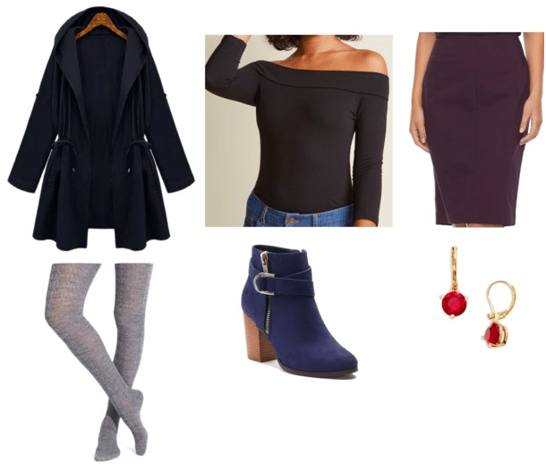 navy trench coat black off-the-shoulder top purple pencil skirt gray tights navy booties red and gold earrings teen titans casual cosplay teen titans raven outfit