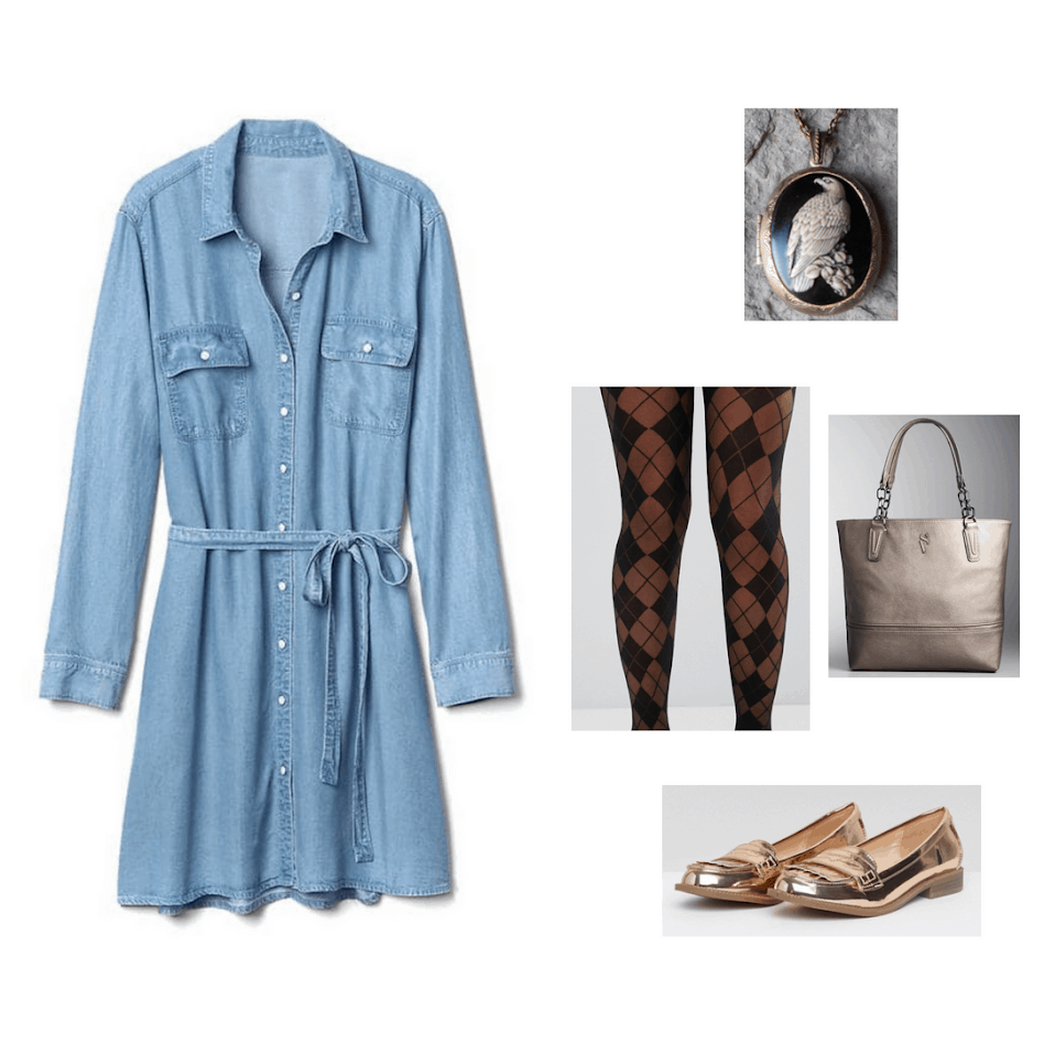 Ravenclaw casual study outfit: Blue shirtdress, patterned tights, bronze tote bag, cameo necklace, and metallic gold flats