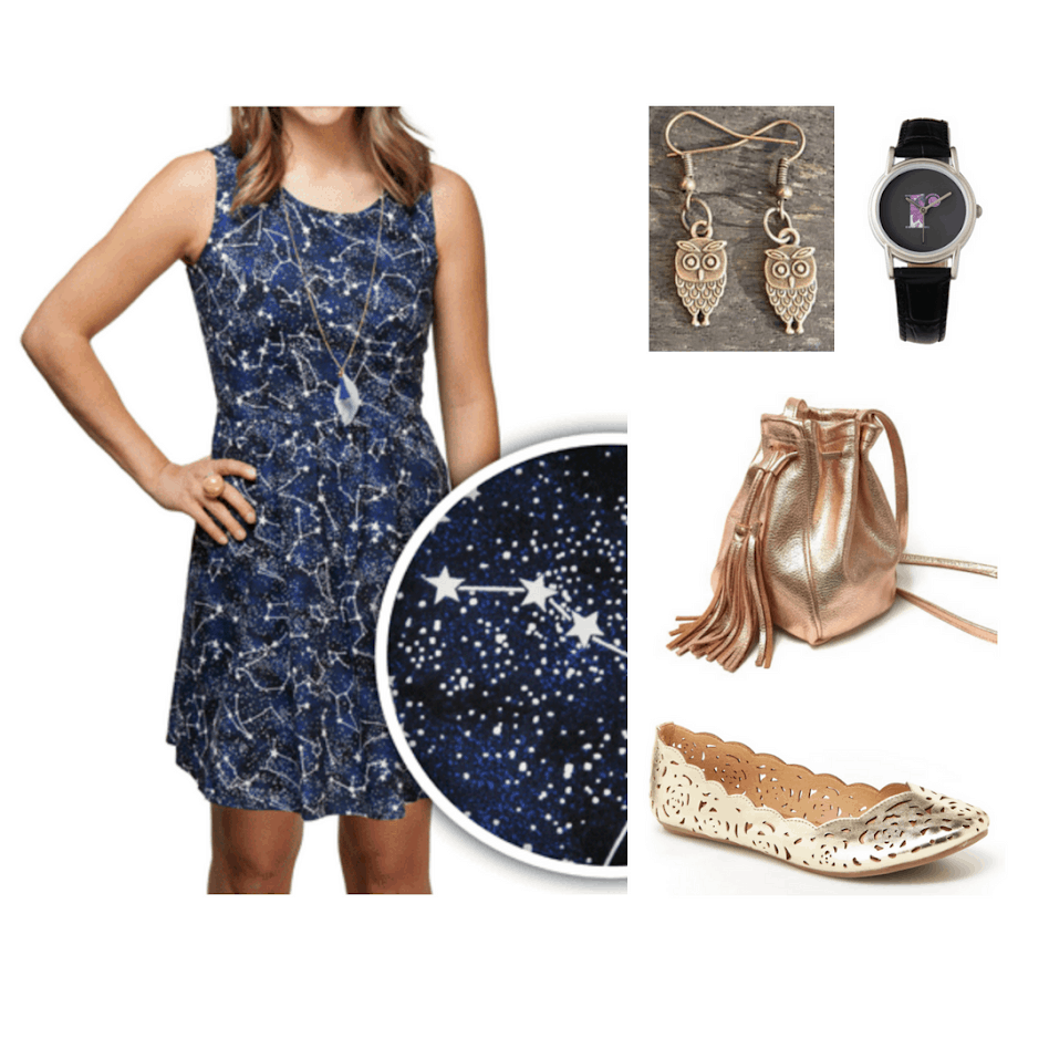 Hogwarts fashion: Outfit inspired by Ravenclaw house with star constellation print dress, gold fringe metallic bucket bag, owl earrings, a black watch, and gold cutout flats