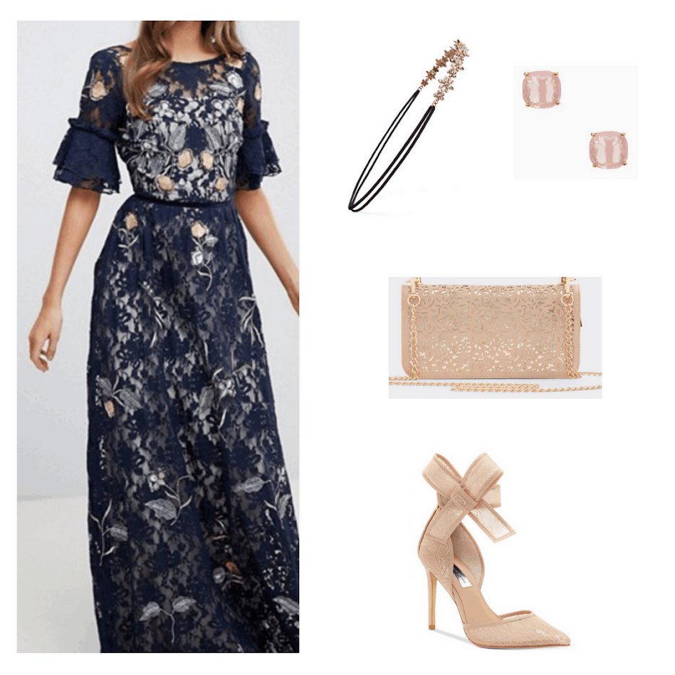 Ravenclaw formal outfit: Navy and gold lace maxi dress, nude bow heels, sequined chain strap clutch, embellished headband, pink stud earrings