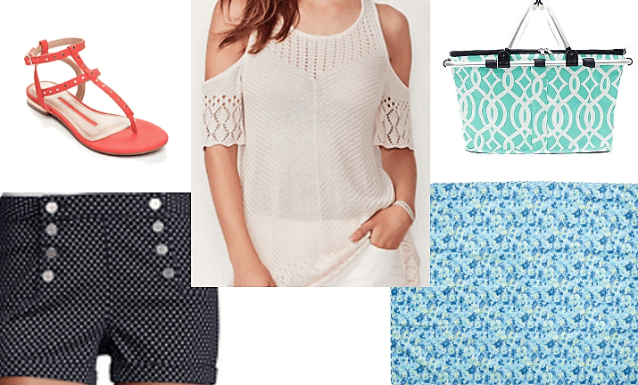 eyelet cold shoulder top coral sandals polka dotted sailor shorts picnic blanket