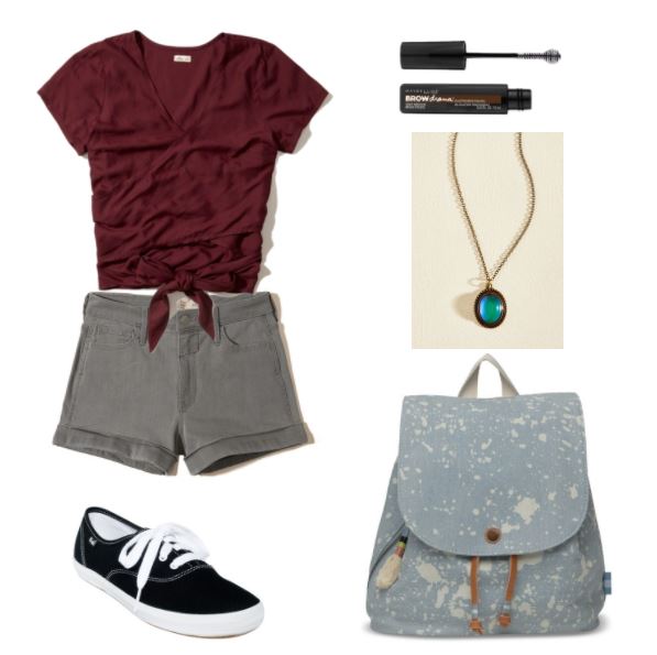 First day of classes outfit: What to wear to hang out with friends or go to orientation. Outfit with burgundy tie-front tee shirt, gray denim shorts, black and white sneakers, blue backpack, brow gel, mood stone necklace