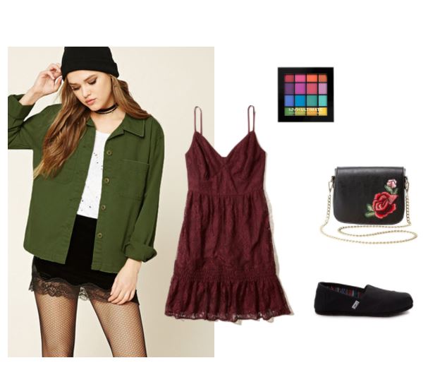 First day of classes outfit: What to wear to have a fun first day -- and night -- back. Outfit includes a red lace spaghetti strap dress, an oversized green button-down shirt, black on black toms shoes, a rose-embellished chain strap bag and a colorful eyeshadow palette