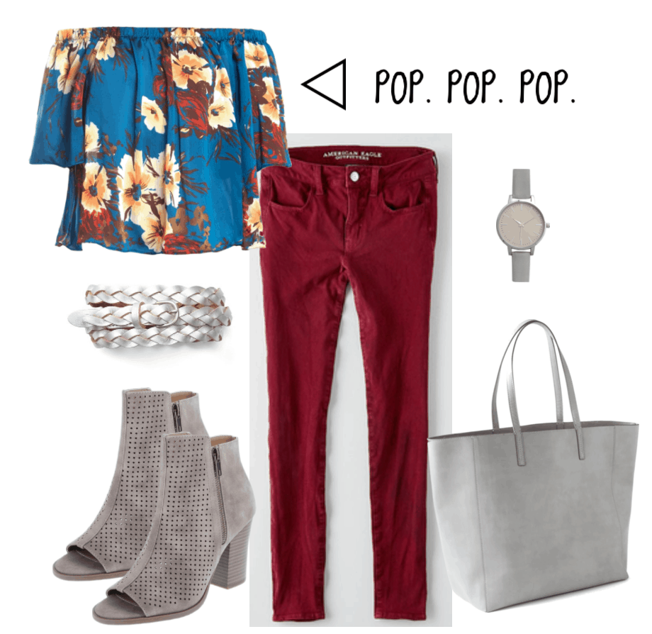 Outfit including burgundy pants and a pop of color in a teal floral blouse
