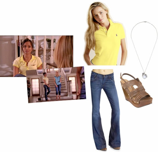 Rebecca Logan from Greek outfit - Wide-leg flare jeans, yellow polo shirt, and wedges