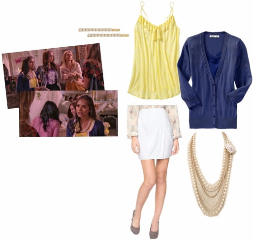 Rebecca Logan from Greek outfit - Prim & proper ensemble with white skirt, yellow top, and blue cardigan