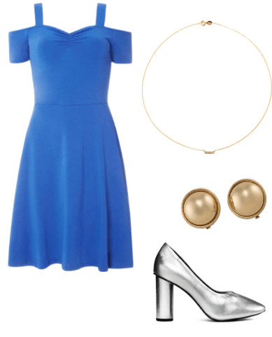 Outfit inspired by Rebecca Bunch on Crazy Ex Girlfriend tv show: blue a line dress, silver pumps, gold bar necklace, gold studs