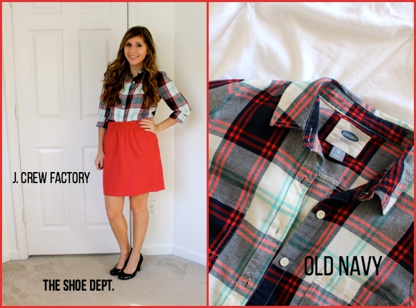 Red-City-Skirt-Plaid-Blue-White-Top-Black-Pumps-Business-Casual