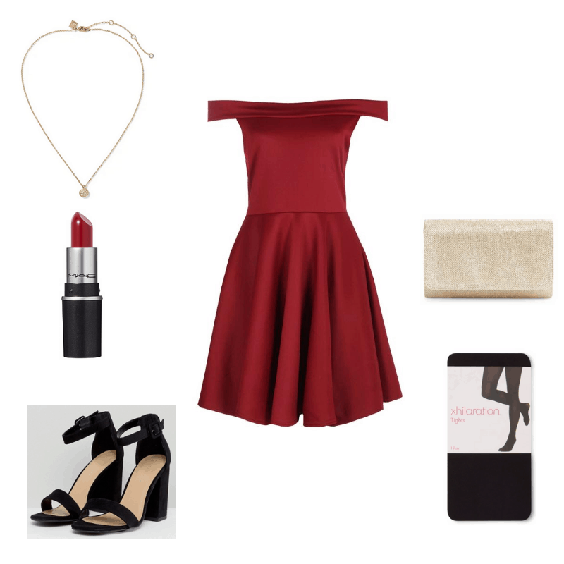 Outfit with red off-the-shoulder dress, black block heeled sandals, gold pendant necklace, semi opaque tights, red lipstick, and gold glitter clutch