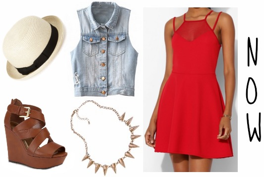 Red dress and denim vest summer look