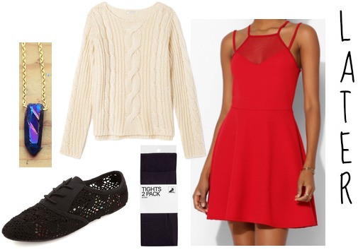 Red dress and sweater fall outfit