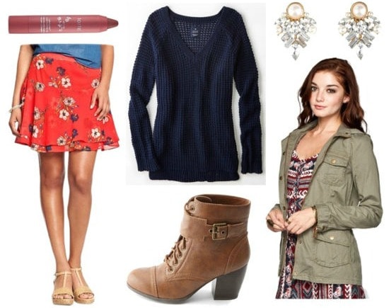 Red floral skirt navy sweater utility jacket outfit