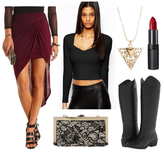 Red hi lo skirt black crop top