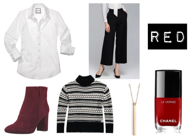 Red nail polish outfit: White blouse, black cropped trousers, black fair isle sweater, burgundy suede booties, gold drop necklace