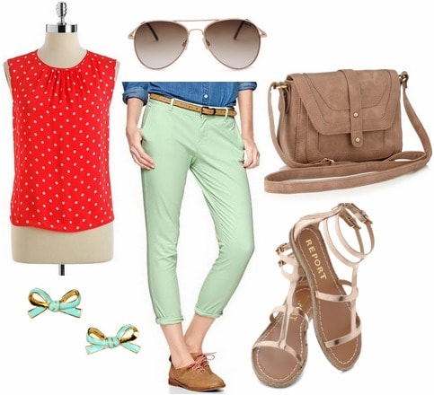 Red polka dot blouse, mint trousers, sandals, bow earrings