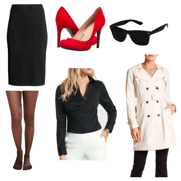 Atomic Blonde Fashion: Outfit inspired by Lorraine with black button-down shirt, black pencil skirt, sheer black tights, beige trench coat, red pumps, black sunglasses