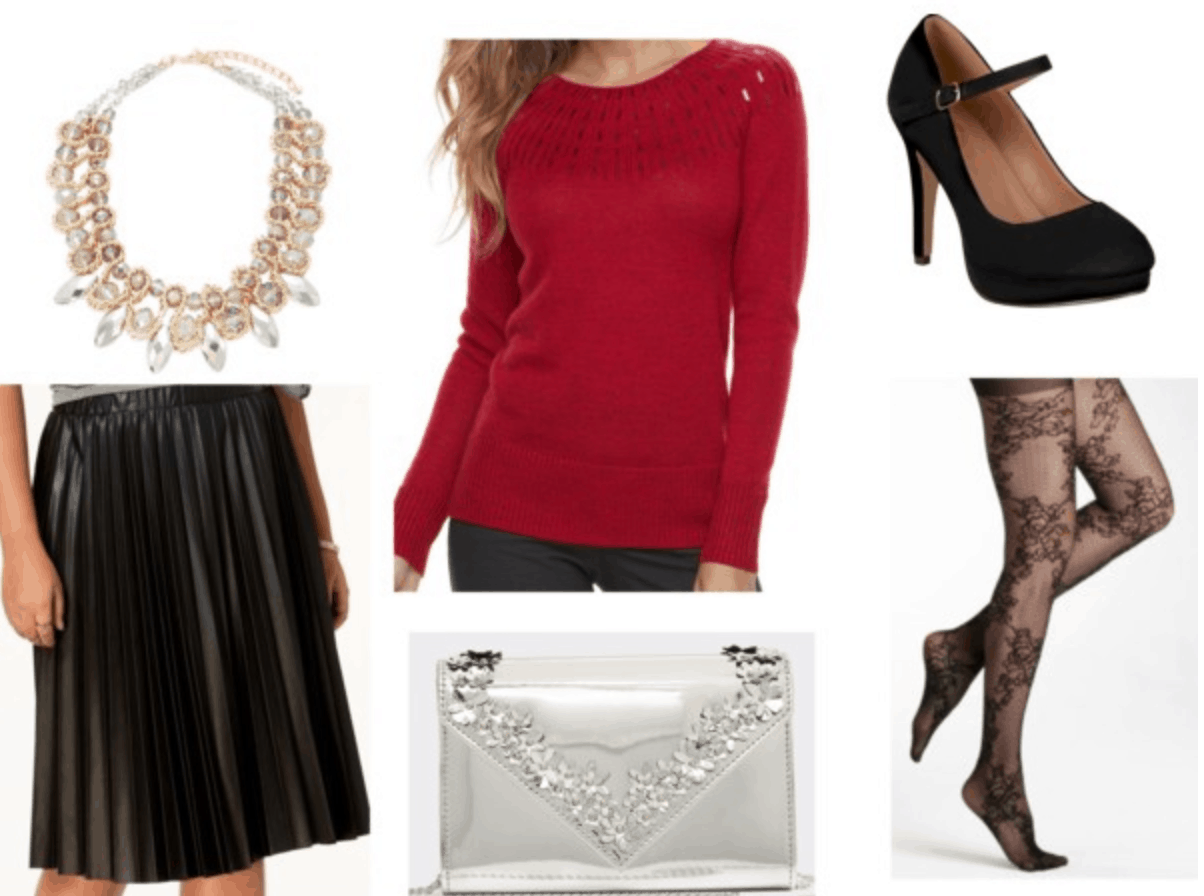 red sweater leather skirt black mary janes floral tights