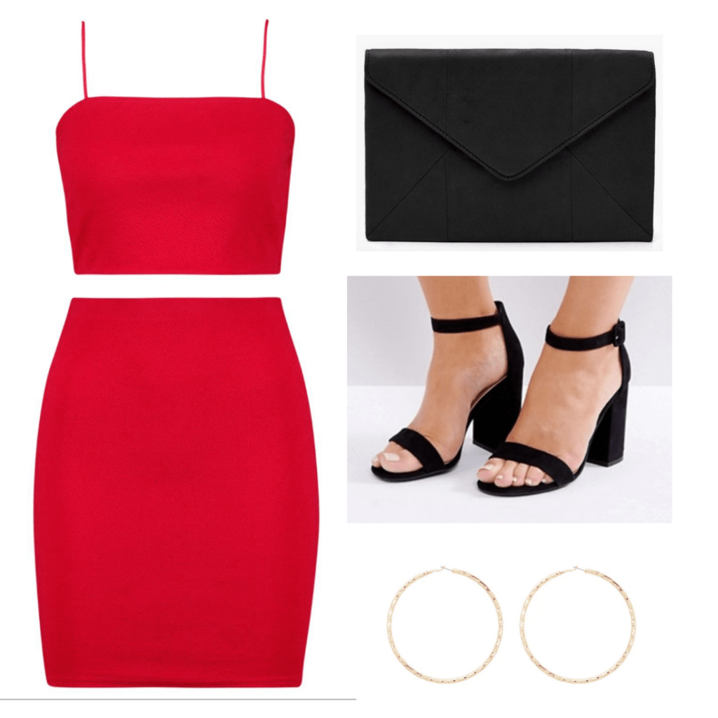 Red matching top and skirt, black envelope clutch, black heels, and gold hoops