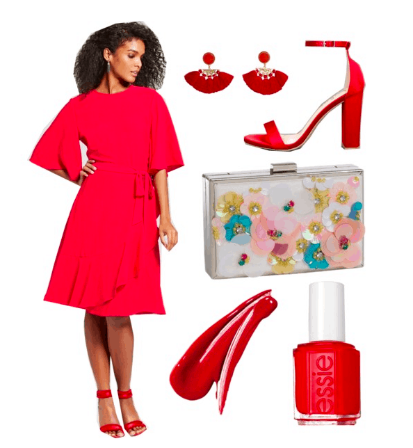 Polyvore set including: A brunette model wearing a red ruffle dress, red heels, tassel earrings, a floral embellished clutch, fenty lipstick, and an Essie nail polish bottle.