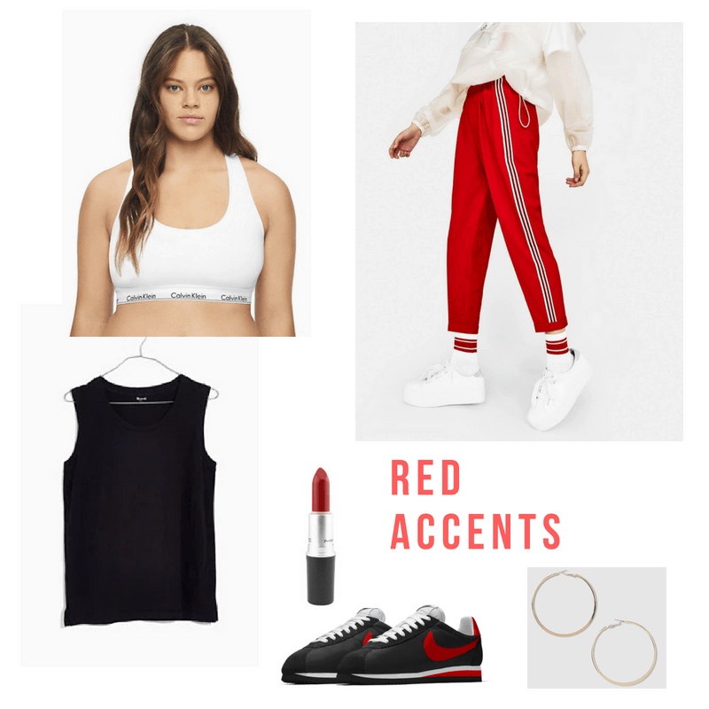 Bralette outfits: Cute athleisure outfit with a calvin klein bralette, red joggers, black tank, red lipstick, gold hoop earrings, and black and red nikes