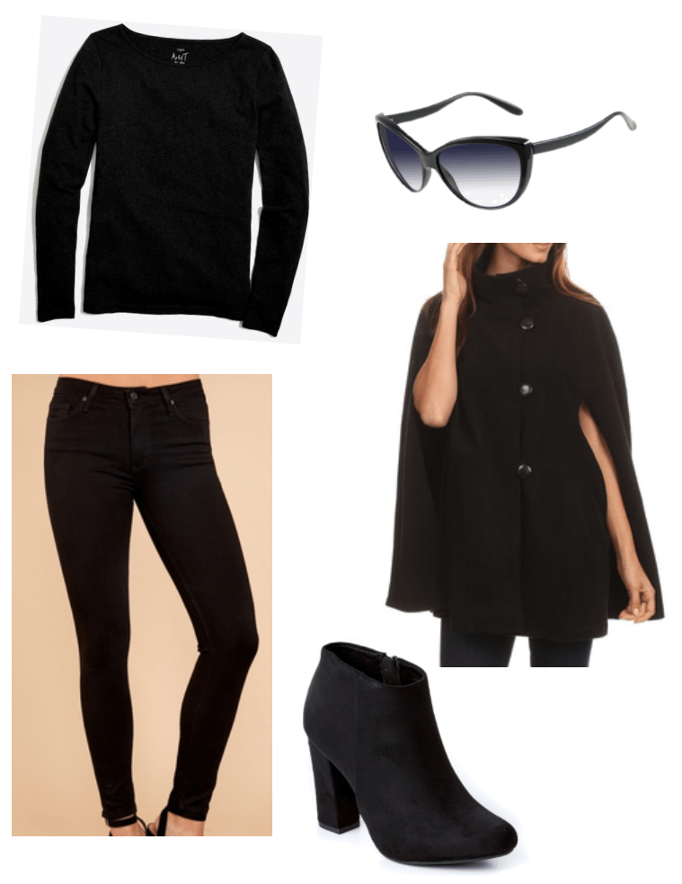 Outfit inspired by Reese Witherspoon: All black outfit with cape, black skinny jeans, black sweater, black boots