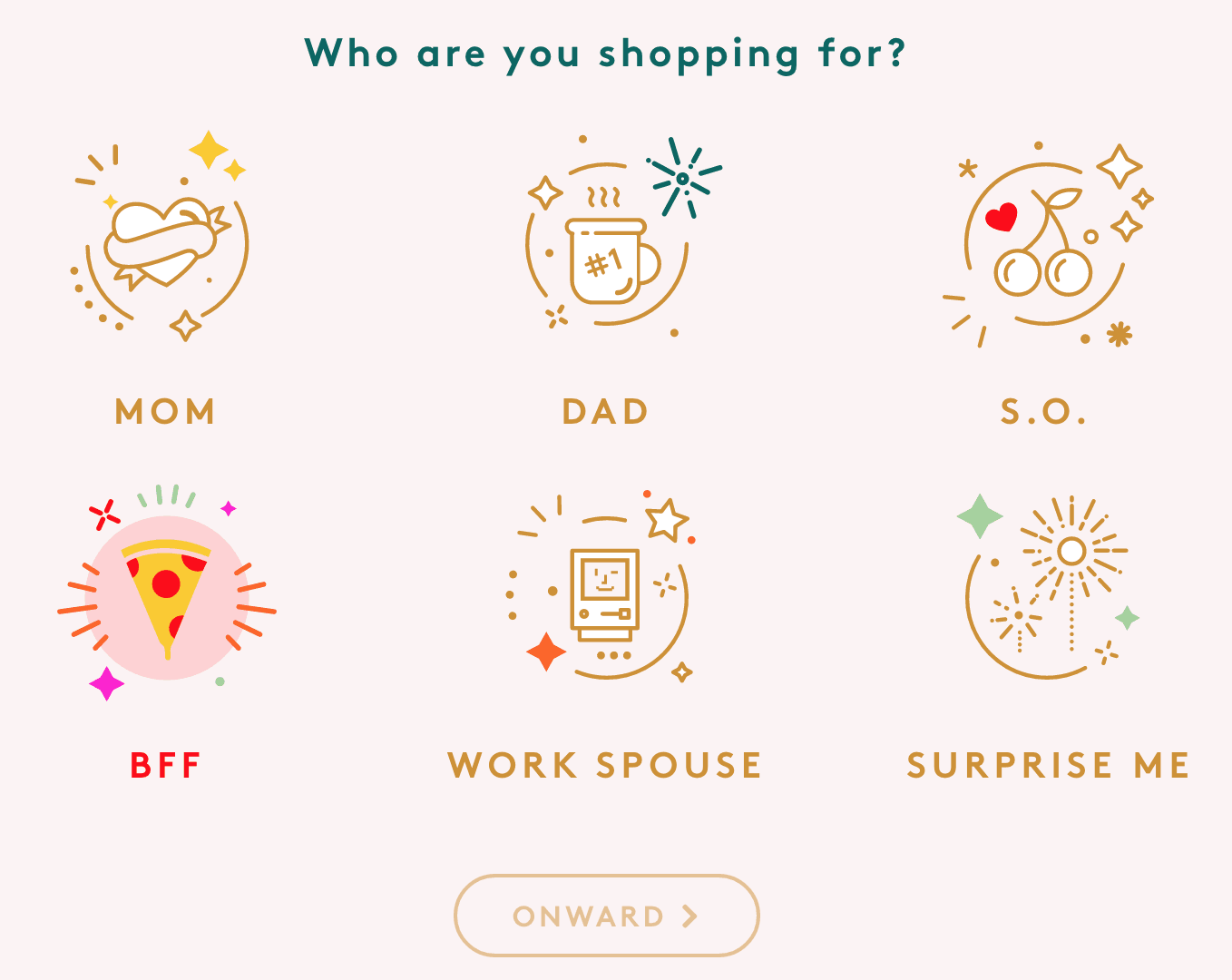 A screenshot of Refinery29's Gift Curator shopping options including Mom, Dad, S.O., BFF, Work Spouse, and Surprise Me