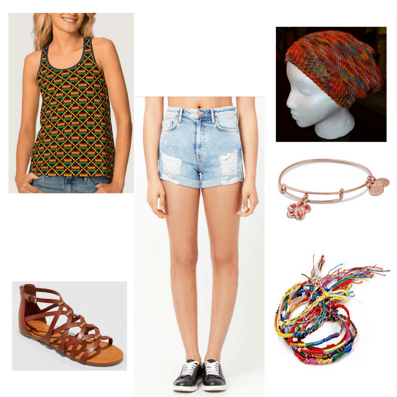 Reggae Music-inspired outfit with tank top, denim shorts, beanie, sandals, and bracelets