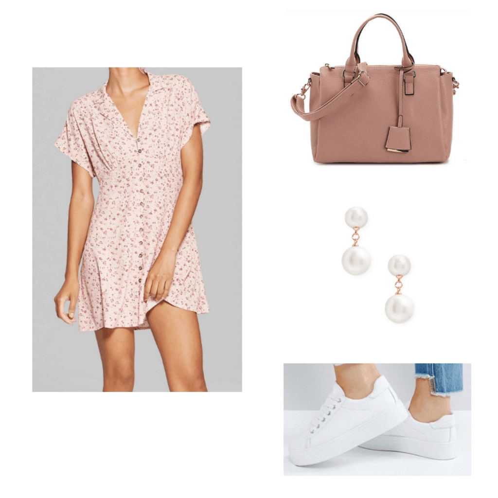 Pink retro fit dress with pink handbag, white sneakers, and dangly pearl earrings